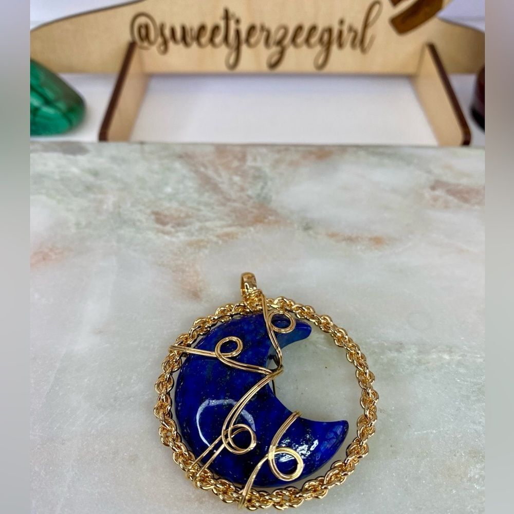 BlueโLapis Lazuli Wrapped Copper Wire Crescent Moon Pendant 2.25โ